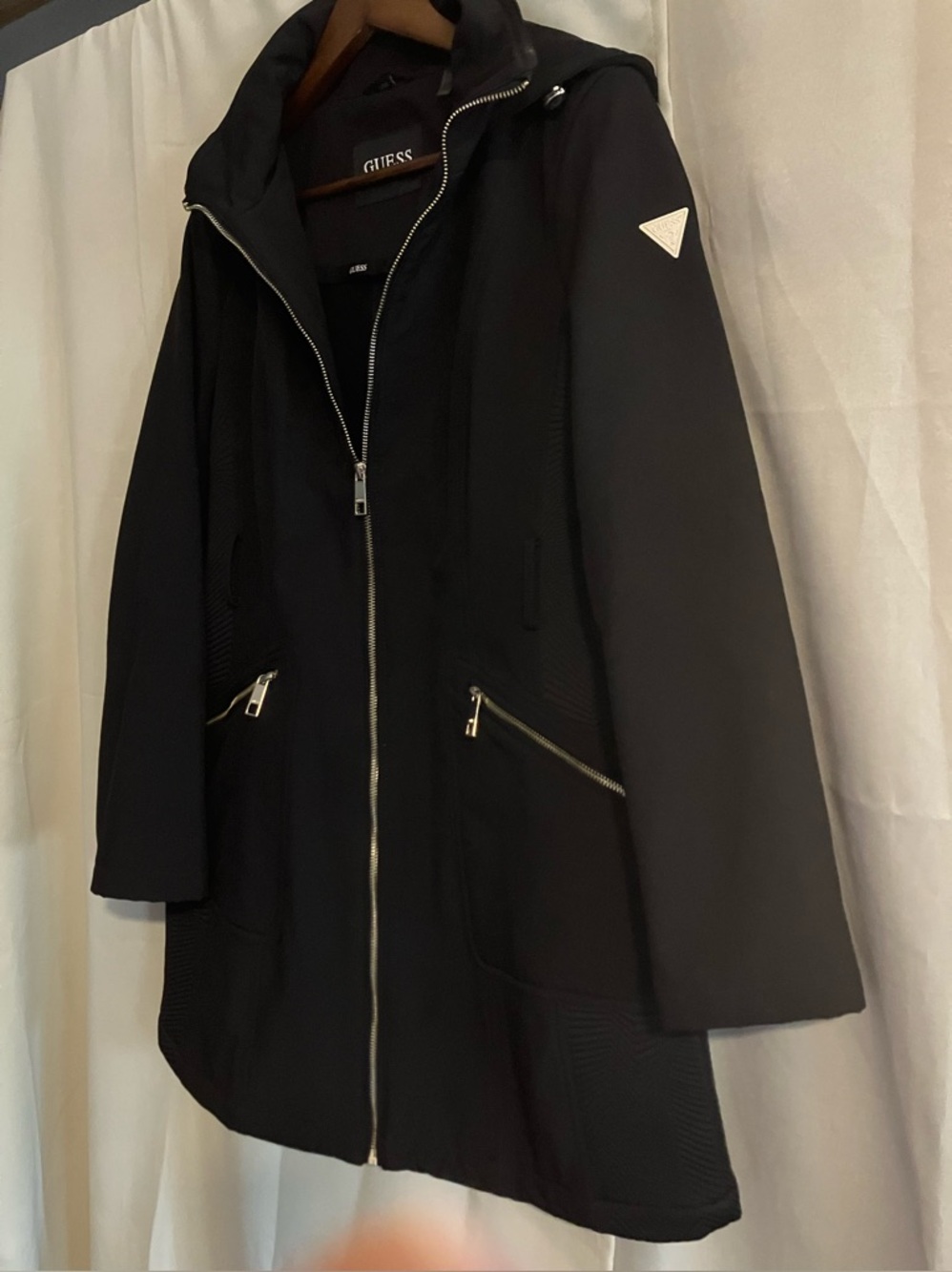 GUESS Black Hooded Zip-Front Trench Coat